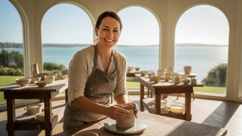 Dynamic wide shot capturing a local artisan on Rye's foreshore, passionately showcasing their craft with their bespoke products, bathed in golden hour light, symbolizing successful professional branding photography Rye businesses can achieve.