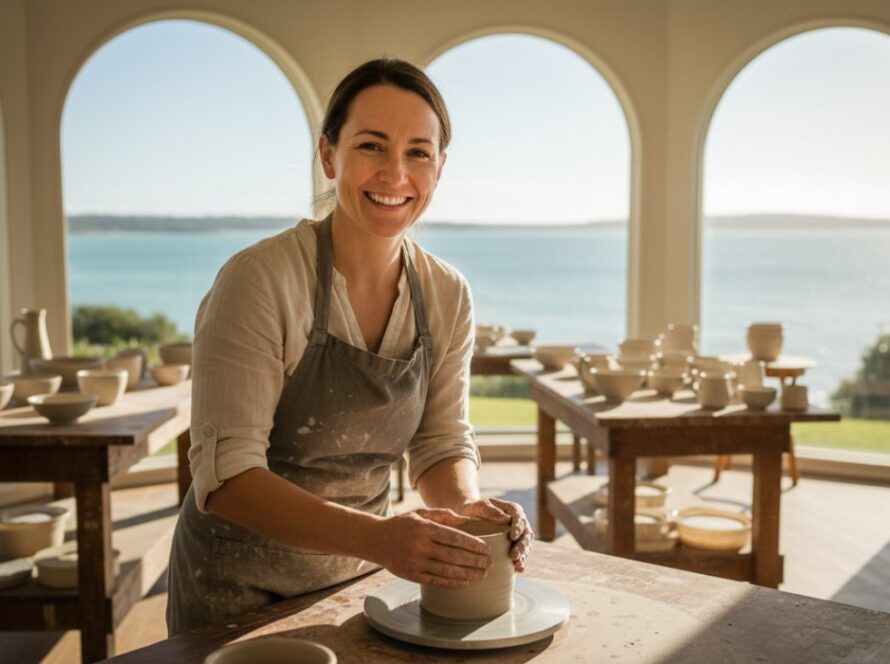 Dynamic wide shot capturing a local artisan on Rye's foreshore, passionately showcasing their craft with their bespoke products, bathed in golden hour light, symbolizing successful professional branding photography Rye businesses can achieve.