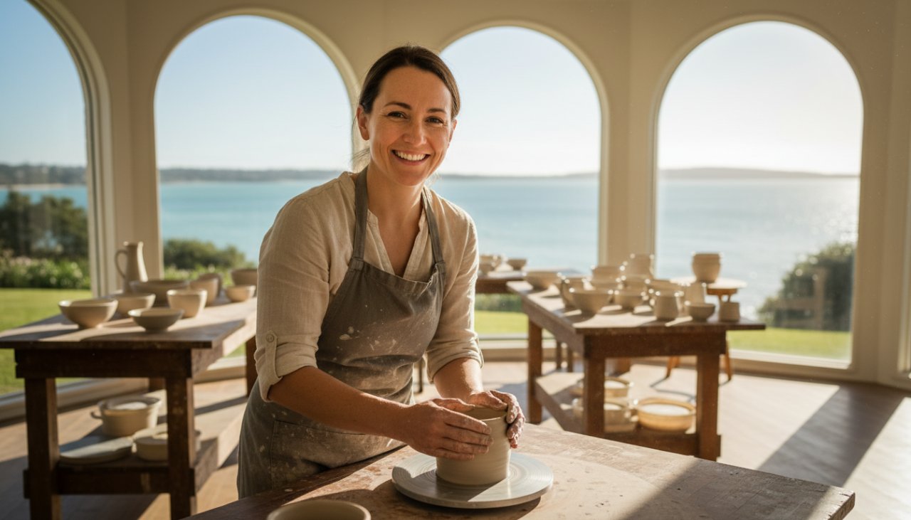 Dynamic wide shot capturing a local artisan on Rye's foreshore, passionately showcasing their craft with their bespoke products, bathed in golden hour light, symbolizing successful professional branding photography Rye businesses can achieve.
