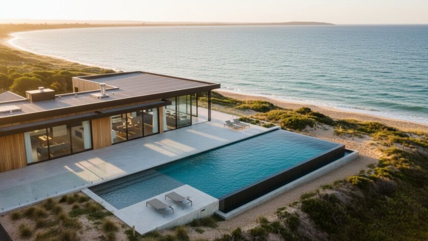 An epic drone shot at sunset over a luxury beach house in Somers, Victoria, showcasing professional coastal property photography Somers Vic. The golden light illuminates the modern architecture and manicured gardens, with the tranquil Western Port Bay in the background, conveying an aspirational lifestyle.