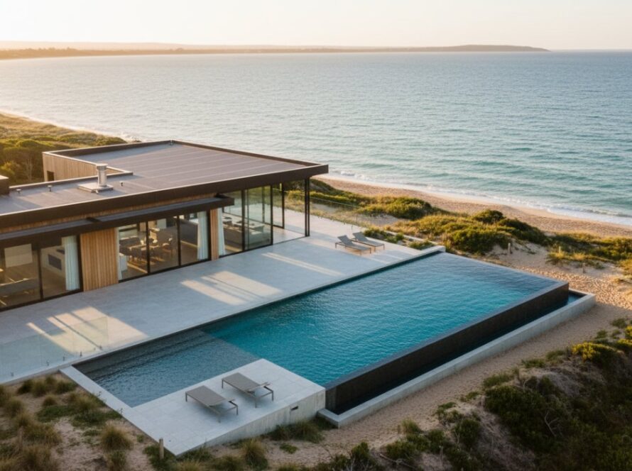 An epic drone shot at sunset over a luxury beach house in Somers, Victoria, showcasing professional coastal property photography Somers Vic. The golden light illuminates the modern architecture and manicured gardens, with the tranquil Western Port Bay in the background, conveying an aspirational lifestyle.