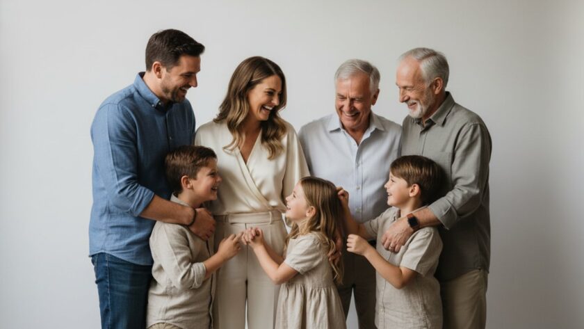 A heartwarming, candid professional Cockatoo studio photography for family portraits, showing a family's joyous laughter in soft, cinematic lighting, capturing an 'epic moment' of connection and love against a neutral background.