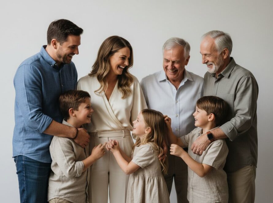 A heartwarming, candid professional Cockatoo studio photography for family portraits, showing a family's joyous laughter in soft, cinematic lighting, capturing an 'epic moment' of connection and love against a neutral background.
