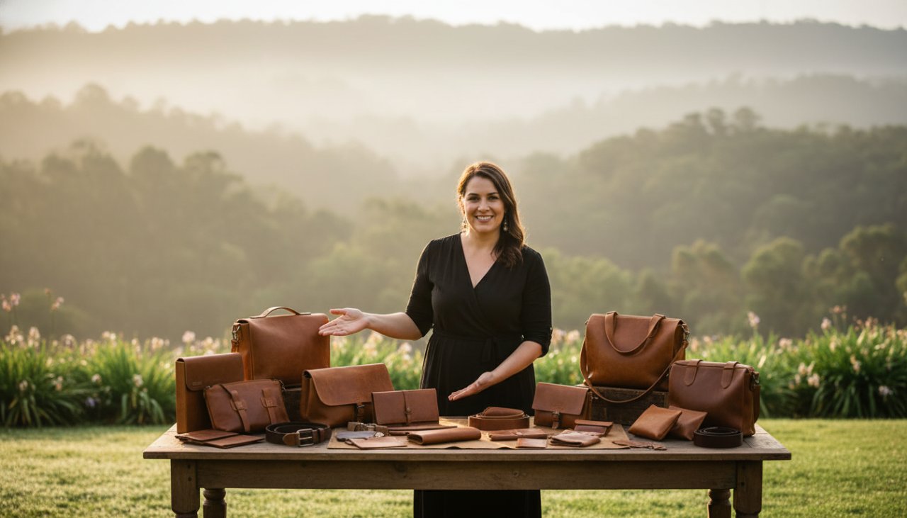 Dynamic wide shot capturing professional commercial photography Belgrave Heights Victoria in action, featuring a local artisan proudly showcasing their handcrafted products amidst the lush Dandenong Ranges backdrop, bathed in soft golden hour light, reflecting dedication and craftsmanship.