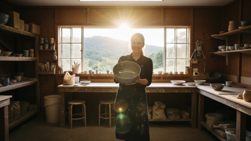A wide-angle, cinematic photograph showcasing the vibrant community spirit of Belgrave South, with a local artisan proudly presenting their handcrafted wares under the warm morning light, their passion vividly captured through Professional Commercial Photography Belgrave South Storytelling, evoking authenticity and local charm.