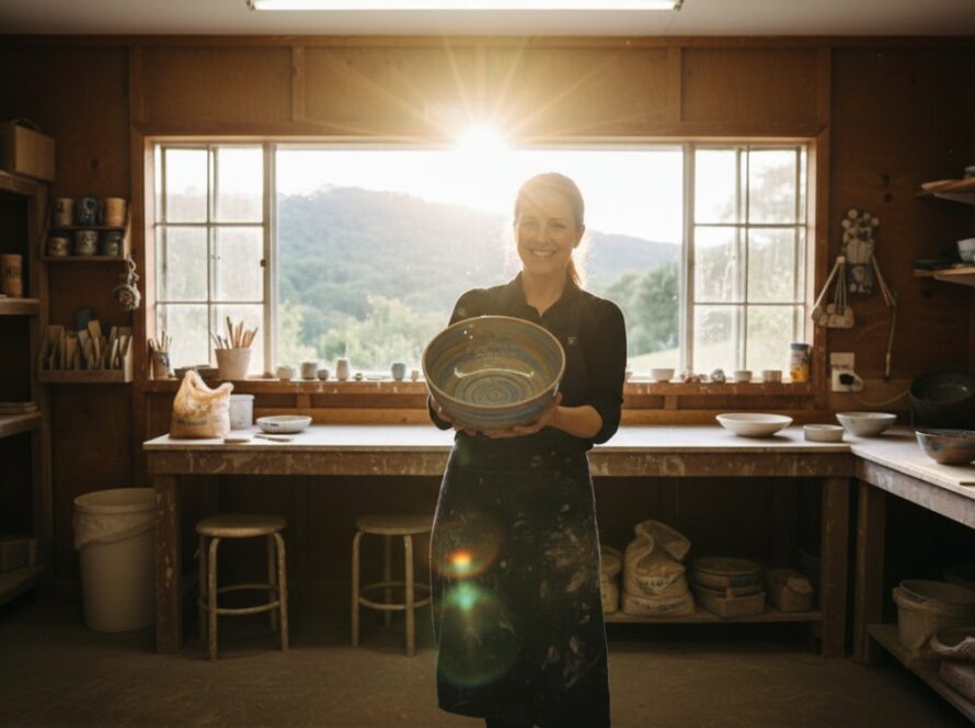 A wide-angle, cinematic photograph showcasing the vibrant community spirit of Belgrave South, with a local artisan proudly presenting their handcrafted wares under the warm morning light, their passion vividly captured through Professional Commercial Photography Belgrave South Storytelling, evoking authenticity and local charm.