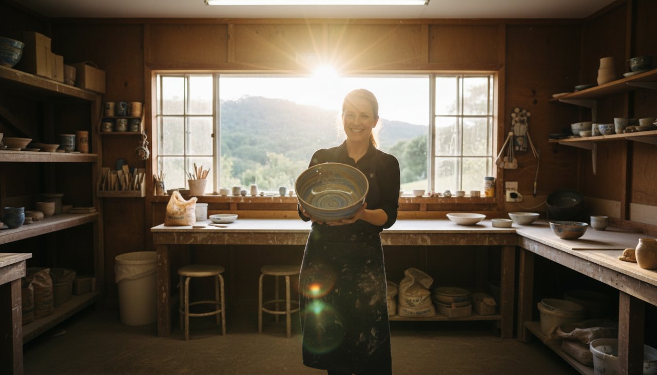 A wide-angle, cinematic photograph showcasing the vibrant community spirit of Belgrave South, with a local artisan proudly presenting their handcrafted wares under the warm morning light, their passion vividly captured through Professional Commercial Photography Belgrave South Storytelling, evoking authenticity and local charm.