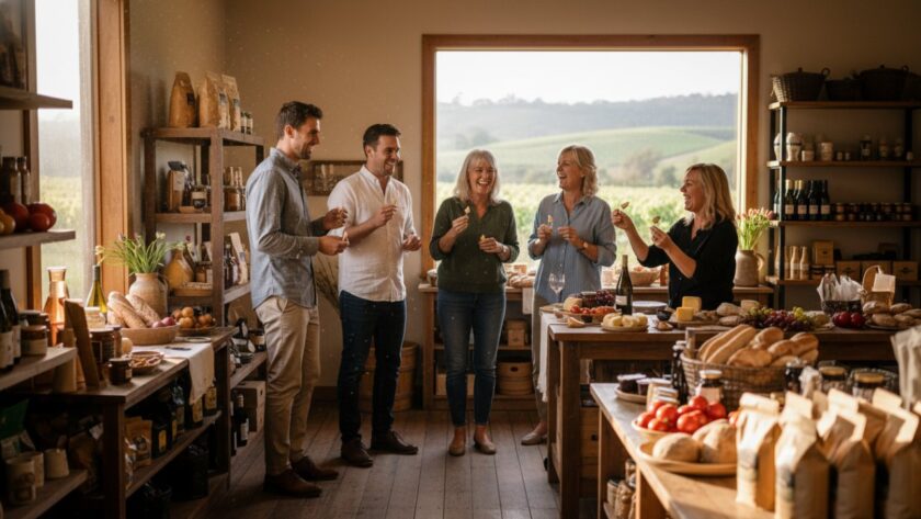 Dynamic wide shot showcasing a local winery's bustling cellar door in Launching, Victoria, with a professional commercial photography Launching Victoria team capturing the vibrant atmosphere during a peak moment, bathed in golden hour light.