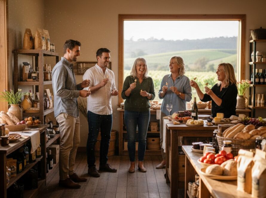 Dynamic wide shot showcasing a local winery's bustling cellar door in Launching, Victoria, with a professional commercial photography Launching Victoria team capturing the vibrant atmosphere during a peak moment, bathed in golden hour light.