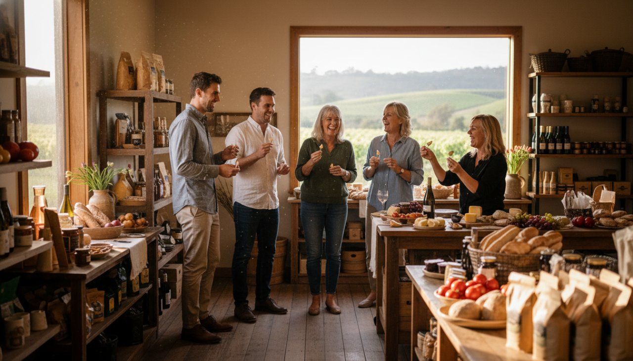 Dynamic wide shot showcasing a local winery's bustling cellar door in Launching, Victoria, with a professional commercial photography Launching Victoria team capturing the vibrant atmosphere during a peak moment, bathed in golden hour light.