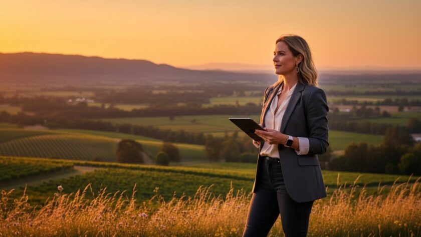 A candid yet professional shot of a business leader smiling confidently amidst the natural, lush backdrop of Chum Creek, capturing an epic moment of connection and leadership during professional corporate headshots Chum Creek session. Soft, golden hour lighting.