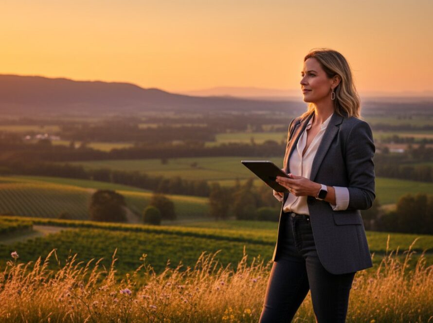 A candid yet professional shot of a business leader smiling confidently amidst the natural, lush backdrop of Chum Creek, capturing an epic moment of connection and leadership during professional corporate headshots Chum Creek session. Soft, golden hour lighting.