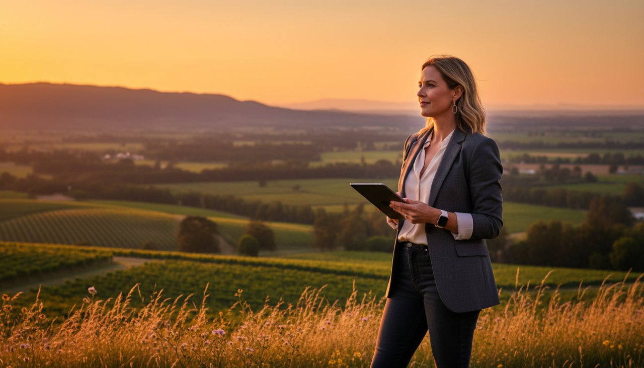 A candid yet professional shot of a business leader smiling confidently amidst the natural, lush backdrop of Chum Creek, capturing an epic moment of connection and leadership during professional corporate headshots Chum Creek session. Soft, golden hour lighting.