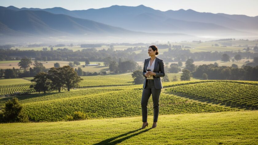 A dynamic, warmly lit portrait of a confident business leader, captured outdoors with the lush, rolling hills of the Yarra Valley near Healesville in the soft background, symbolising professional corporate headshots Healesville Yarra Valley excellence.