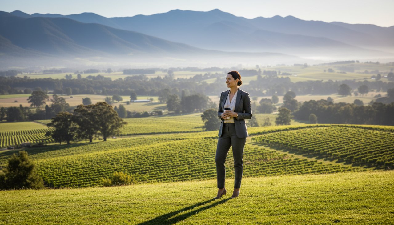 A dynamic, warmly lit portrait of a confident business leader, captured outdoors with the lush, rolling hills of the Yarra Valley near Healesville in the soft background, symbolising professional corporate headshots Healesville Yarra Valley excellence.