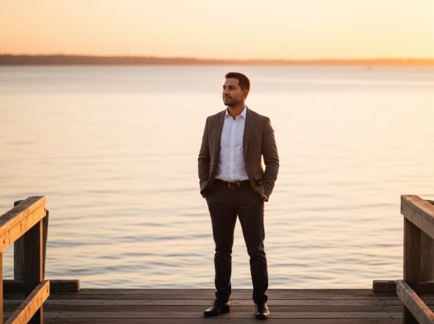 A candid, powerful professional corporate headshots Rye Victoria image of a business leader confidently overlooking the vibrant Rye foreshore at sunrise, embodying ambition and local success.