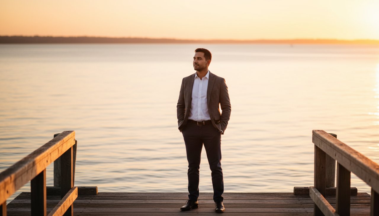 A candid, powerful professional corporate headshots Rye Victoria image of a business leader confidently overlooking the vibrant Rye foreshore at sunrise, embodying ambition and local success.