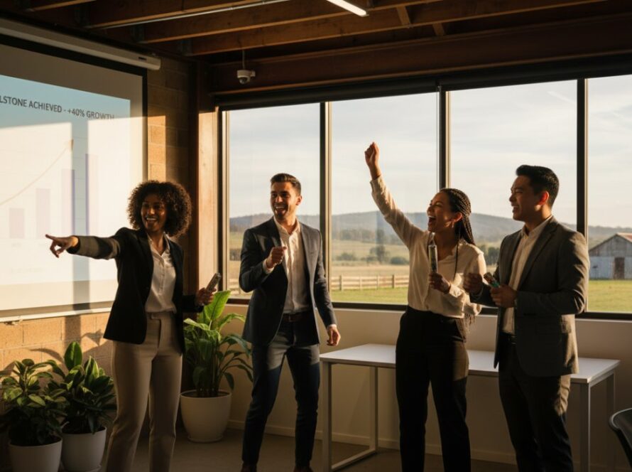 A dynamic, epic moment photograph showcasing a diverse team of professionals from Tyabb businesses, laughing genuinely in a modern, light-filled office space, highlighting their collaborative spirit and success, perfectly embodying professional corporate headshots Tyabb businesses.