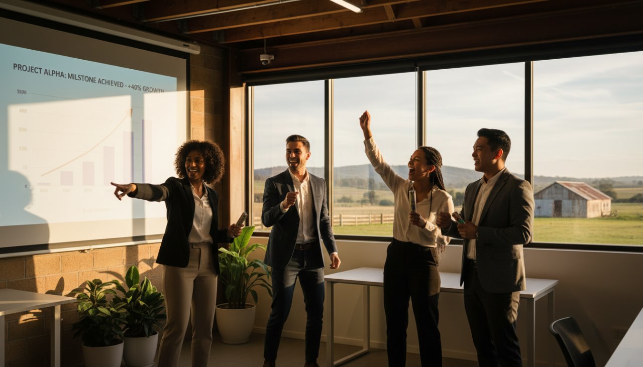 A dynamic, epic moment photograph showcasing a diverse team of professionals from Tyabb businesses, laughing genuinely in a modern, light-filled office space, highlighting their collaborative spirit and success, perfectly embodying professional corporate headshots Tyabb businesses.