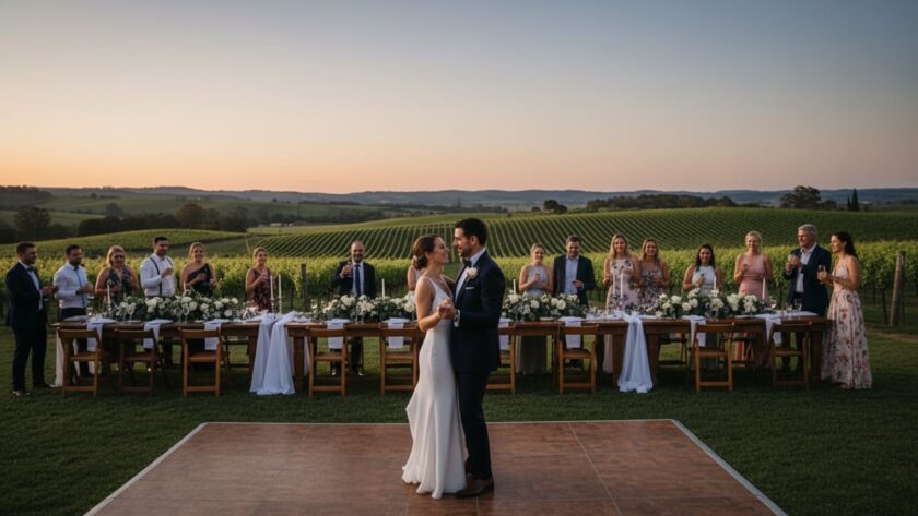 An emotional moment captured by a Professional Event Photographer Dixons Creek Victoria, showing a couple's joyful embrace amidst the golden hour glow of a vineyard, celebrating their engagement.