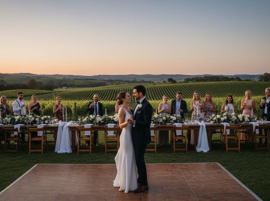 An emotional moment captured by a Professional Event Photographer Dixons Creek Victoria, showing a couple's joyful embrace amidst the golden hour glow of a vineyard, celebrating their engagement.