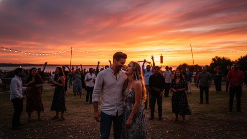 An emotionally resonant, wide-angle shot of an outdoor community festival in Crib Point, Victoria, at sunset, capturing professional event photography Crib Point success stories. A diverse crowd is cheering, silhouetted against a vibrant, golden sky. The focus is on a couple laughing joyfully in the foreground, with bokeh lights in the background creating a magical atmosphere. This epic moment photograph perfectly encapsulates the vibrant energy and shared happiness of a community event.