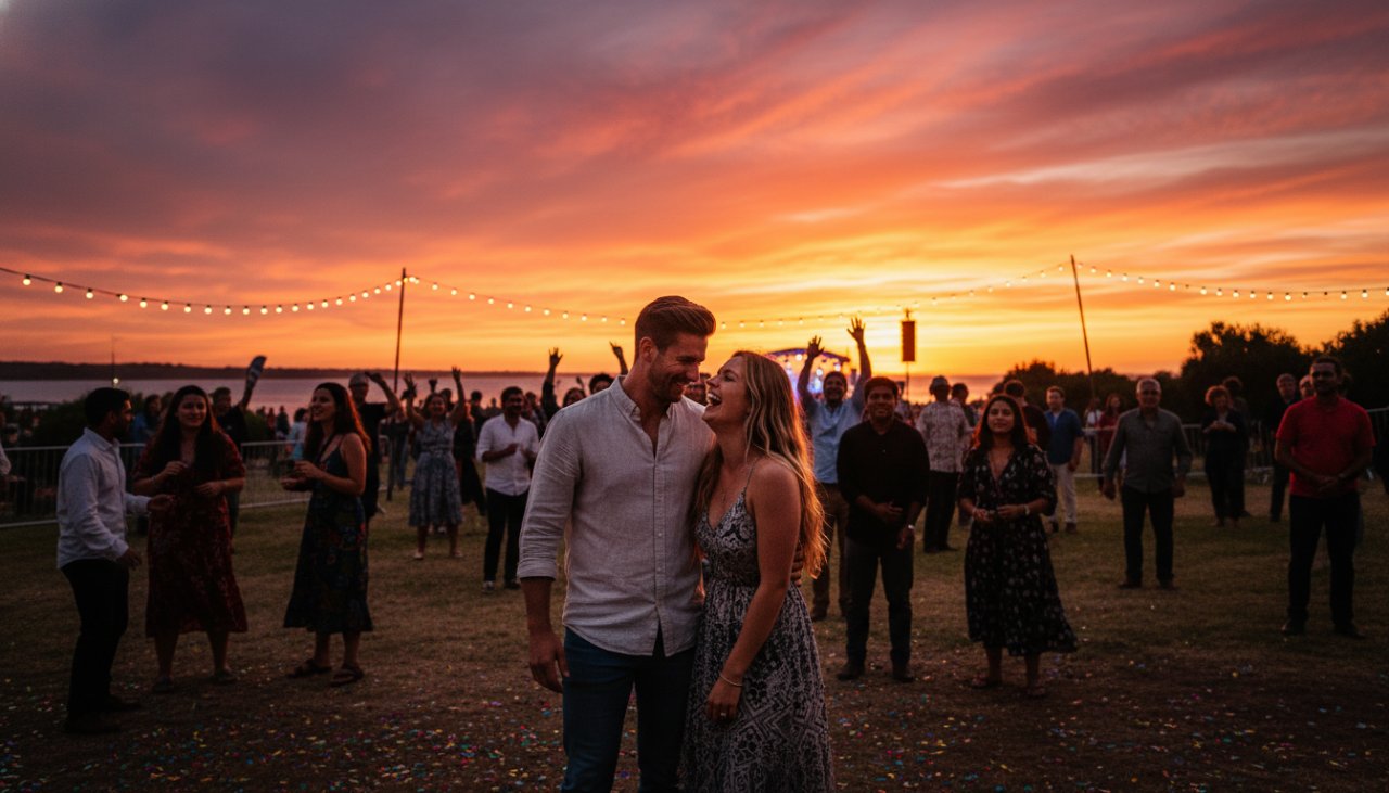 An emotionally resonant, wide-angle shot of an outdoor community festival in Crib Point, Victoria, at sunset, capturing professional event photography Crib Point success stories. A diverse crowd is cheering, silhouetted against a vibrant, golden sky. The focus is on a couple laughing joyfully in the foreground, with bokeh lights in the background creating a magical atmosphere. This epic moment photograph perfectly encapsulates the vibrant energy and shared happiness of a community event.