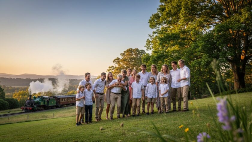 An epic moment captured during professional event photography for Menzies Creek celebrations, showing a joyful couple embracing amidst the lush Dandenong Ranges, golden hour light illuminating their heartfelt smiles.