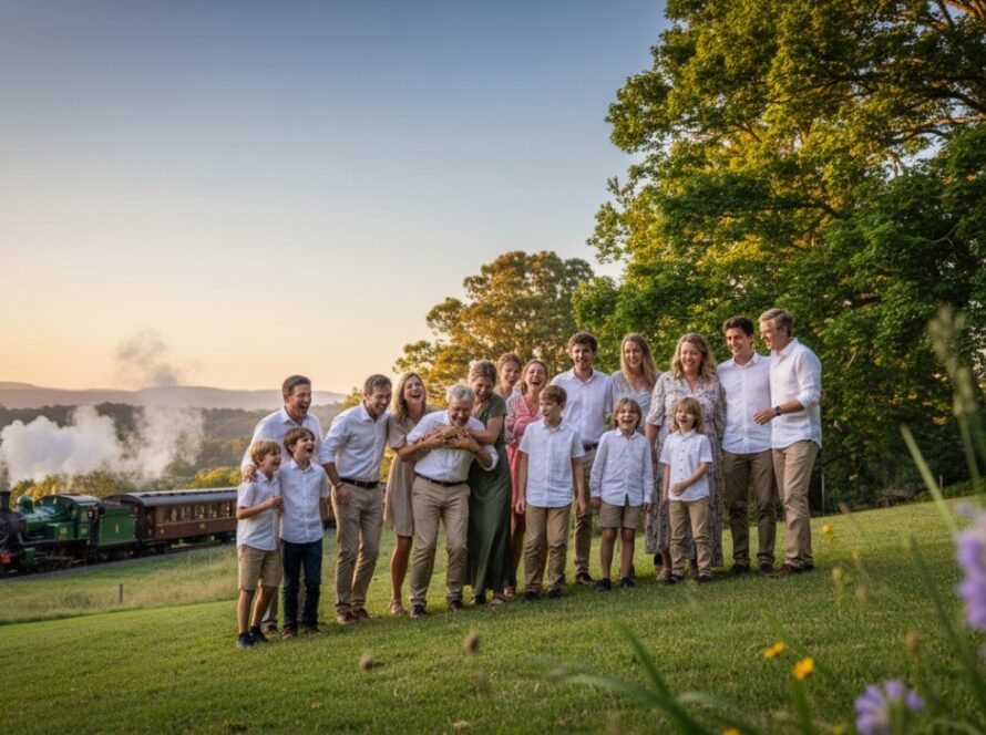 An epic moment captured during professional event photography for Menzies Creek celebrations, showing a joyful couple embracing amidst the lush Dandenong Ranges, golden hour light illuminating their heartfelt smiles.