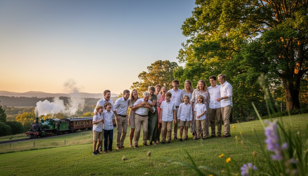 An epic moment captured during professional event photography for Menzies Creek celebrations, showing a joyful couple embracing amidst the lush Dandenong Ranges, golden hour light illuminating their heartfelt smiles.