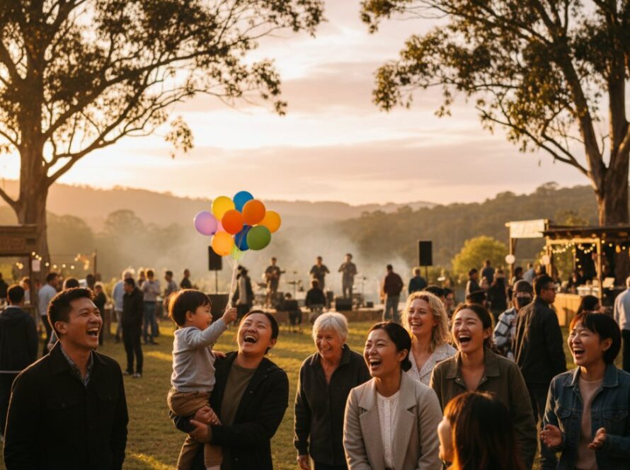 An emotional wide shot capturing professional event photography Selby Victoria candid moments, with guests laughing genuinely under festive lights at a community fair in Selby, Victoria, silhouetted against a vibrant sunset sky, showcasing a truly epic moment.