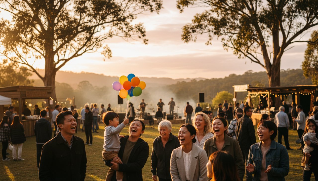 An emotional wide shot capturing professional event photography Selby Victoria candid moments, with guests laughing genuinely under festive lights at a community fair in Selby, Victoria, silhouetted against a vibrant sunset sky, showcasing a truly epic moment.