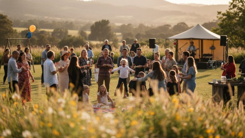 An epic, emotionally resonant photograph showcasing a vibrant community festival moment in Wandin North, with diverse attendees laughing and interacting, captured by professional event photography storytelling Wandin North services, bathed in warm, late afternoon light.
