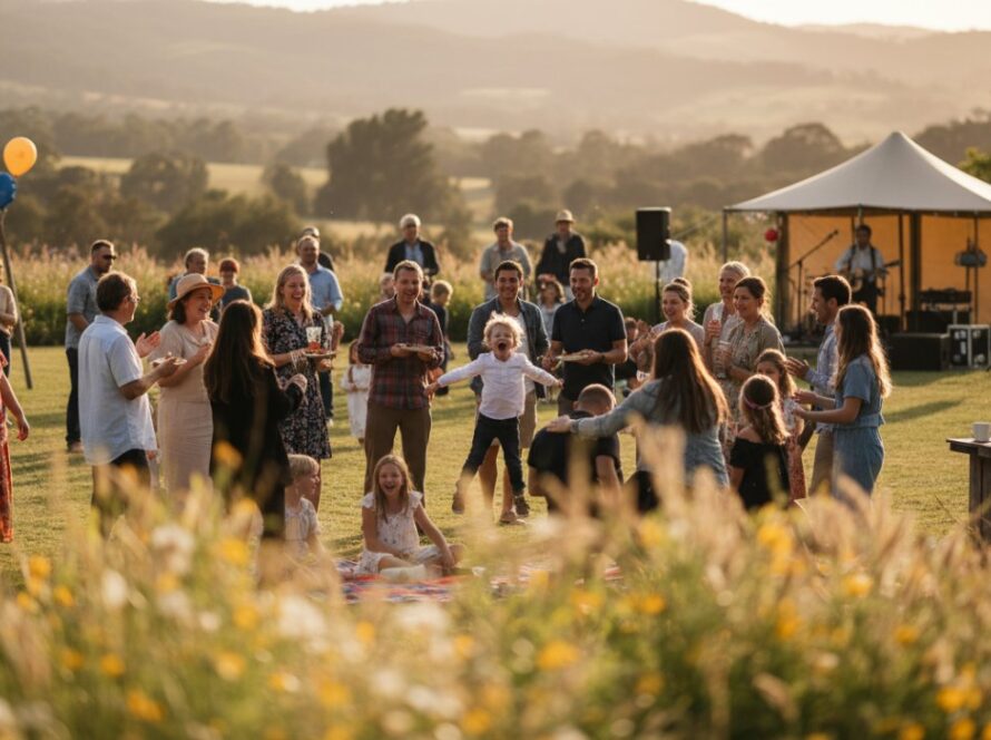 An epic, emotionally resonant photograph showcasing a vibrant community festival moment in Wandin North, with diverse attendees laughing and interacting, captured by professional event photography storytelling Wandin North services, bathed in warm, late afternoon light.