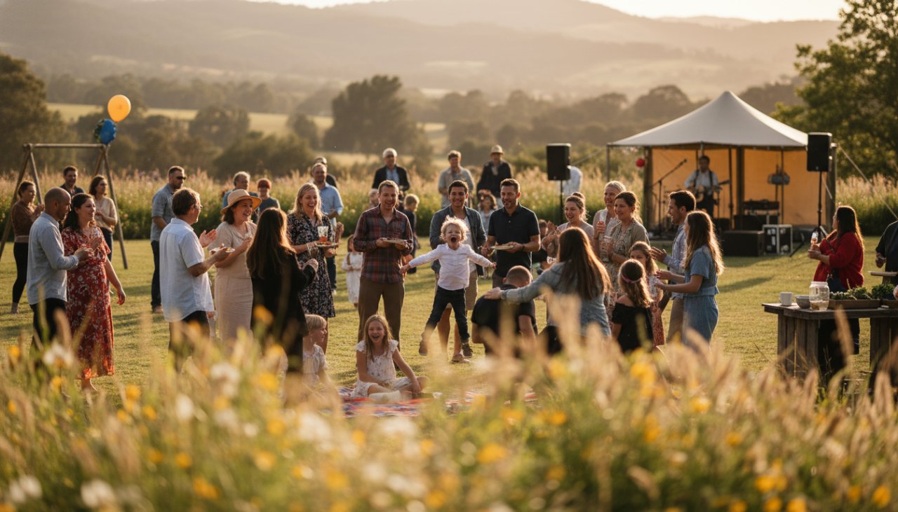 An epic, emotionally resonant photograph showcasing a vibrant community festival moment in Wandin North, with diverse attendees laughing and interacting, captured by professional event photography storytelling Wandin North services, bathed in warm, late afternoon light.