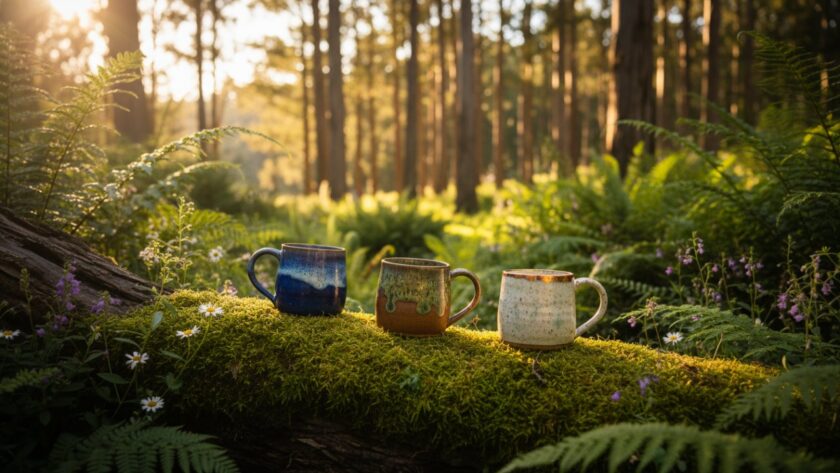 A beautifully composed, cinematic shot showcasing professional Ferny Creek product photography for artisans, featuring handcrafted ceramic mugs with intricate designs, artfully arranged on a rustic wooden table amidst the lush, sun-dappled fern gullies of Ferny Creek, Victoria, evoking a sense of bespoke quality and natural beauty, captured at golden hour with soft, diffused light highlighting textures.