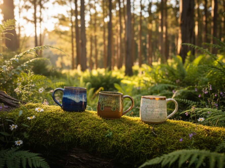 A beautifully composed, cinematic shot showcasing professional Ferny Creek product photography for artisans, featuring handcrafted ceramic mugs with intricate designs, artfully arranged on a rustic wooden table amidst the lush, sun-dappled fern gullies of Ferny Creek, Victoria, evoking a sense of bespoke quality and natural beauty, captured at golden hour with soft, diffused light highlighting textures.