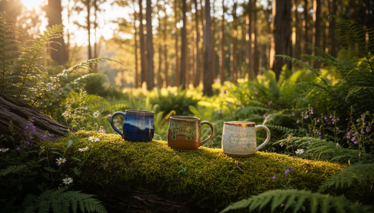 A beautifully composed, cinematic shot showcasing professional Ferny Creek product photography for artisans, featuring handcrafted ceramic mugs with intricate designs, artfully arranged on a rustic wooden table amidst the lush, sun-dappled fern gullies of Ferny Creek, Victoria, evoking a sense of bespoke quality and natural beauty, captured at golden hour with soft, diffused light highlighting textures.
