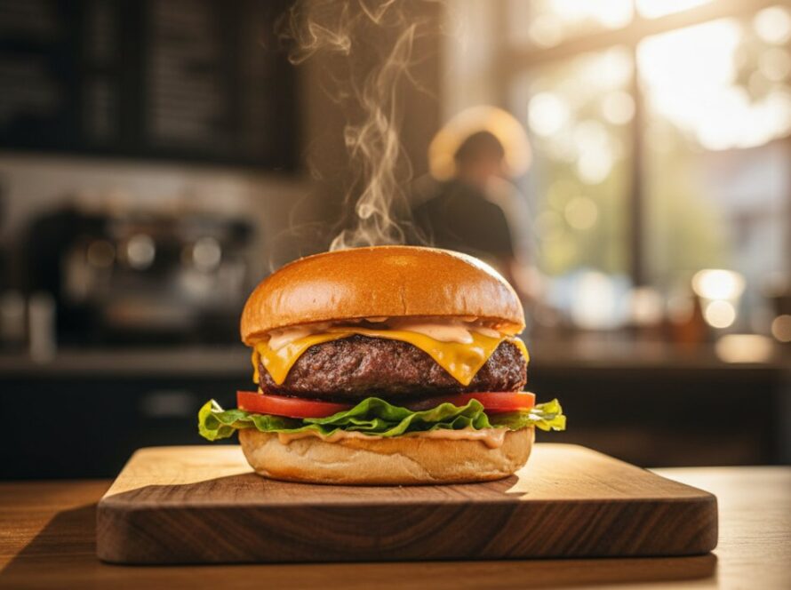An epic moment of a perfectly styled artisan burger, dripping with sauce and fresh ingredients, dramatically lit on a rustic wooden table inside a cozy, bustling cafe in Crib Point, showcasing professional food photography Crib Point for local eateries.