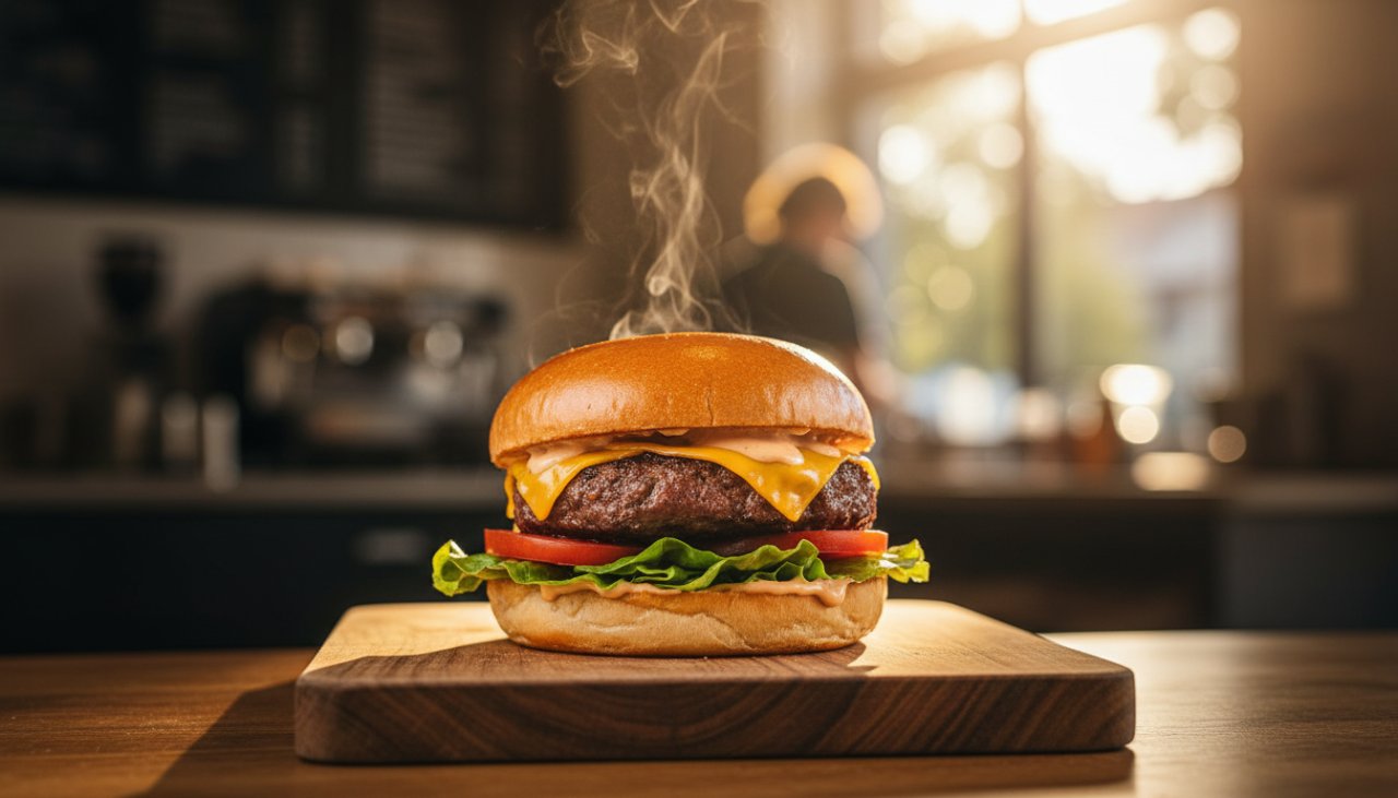 An epic moment of a perfectly styled artisan burger, dripping with sauce and fresh ingredients, dramatically lit on a rustic wooden table inside a cozy, bustling cafe in Crib Point, showcasing professional food photography Crib Point for local eateries.