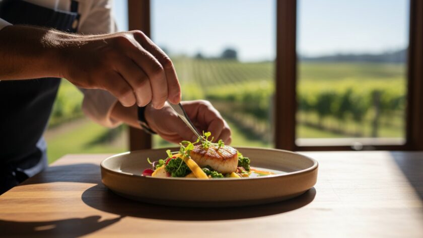 An epic moment of a chef's hands delicately garnishing a vibrant gourmet dish with fresh herbs, captured with dramatic backlighting in a rustic Dixons Creek winery kitchen, perfectly illustrating professional food photography Dixons Creek wineries, for a stunning portfolio piece.