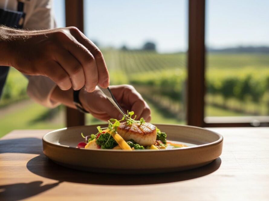 An epic moment of a chef's hands delicately garnishing a vibrant gourmet dish with fresh herbs, captured with dramatic backlighting in a rustic Dixons Creek winery kitchen, perfectly illustrating professional food photography Dixons Creek wineries, for a stunning portfolio piece.