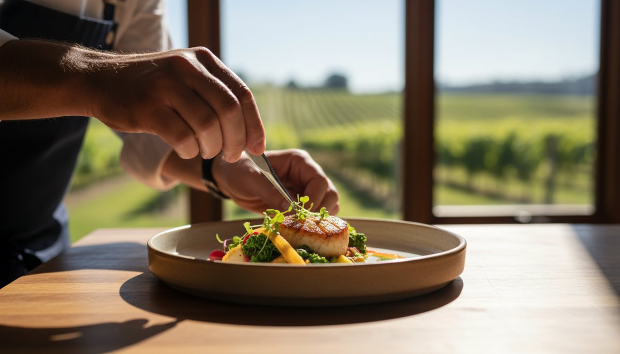 An epic moment of a chef's hands delicately garnishing a vibrant gourmet dish with fresh herbs, captured with dramatic backlighting in a rustic Dixons Creek winery kitchen, perfectly illustrating professional food photography Dixons Creek wineries, for a stunning portfolio piece.