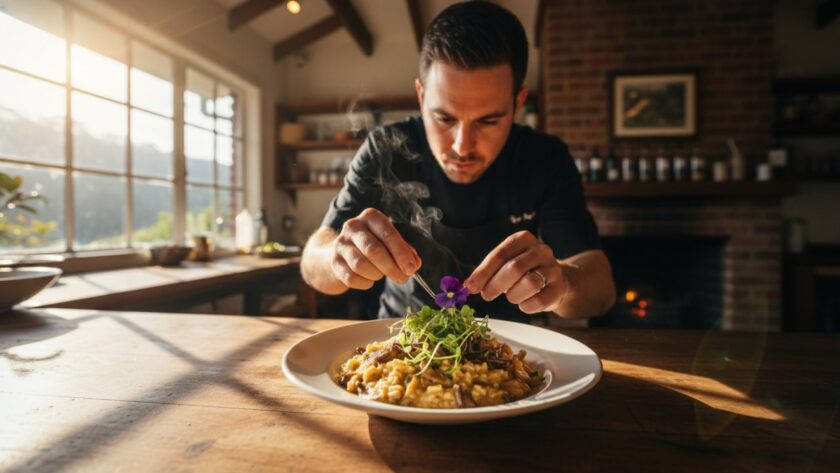 Professional food photography for Sherbrooke eateries, showcasing a steaming, perfectly plated dish of seasonal produce on a rustic wooden table, bathed in soft, natural light, capturing the vibrant atmosphere of a charming Dandenong Ranges cafe.