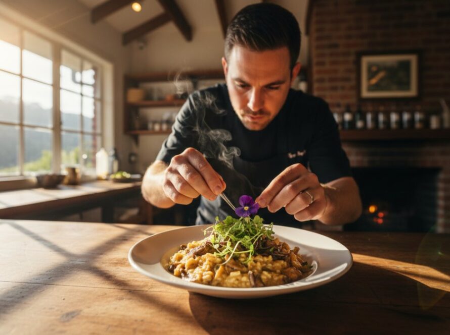 Professional food photography for Sherbrooke eateries, showcasing a steaming, perfectly plated dish of seasonal produce on a rustic wooden table, bathed in soft, natural light, capturing the vibrant atmosphere of a charming Dandenong Ranges cafe.