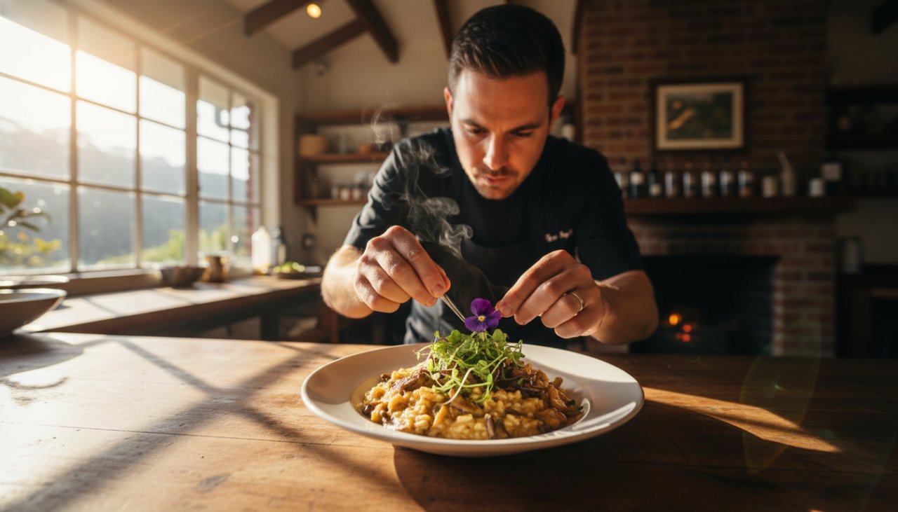 Professional food photography for Sherbrooke eateries, showcasing a steaming, perfectly plated dish of seasonal produce on a rustic wooden table, bathed in soft, natural light, capturing the vibrant atmosphere of a charming Dandenong Ranges cafe.