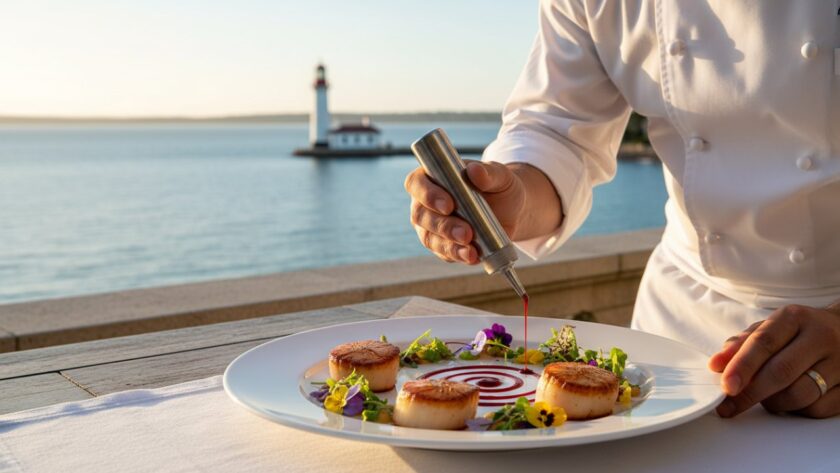 A dramatic, close-up shot of a gourmet seafood dish, perhaps pan-seared snapper with fresh herbs, artfully arranged on a rustic wooden table overlooking the sparkling turquoise waters of McCrae Beach at sunset, capturing the essence of 'Professional food photography McCrae Victoria showcasing Mornington Peninsula's flavours'.