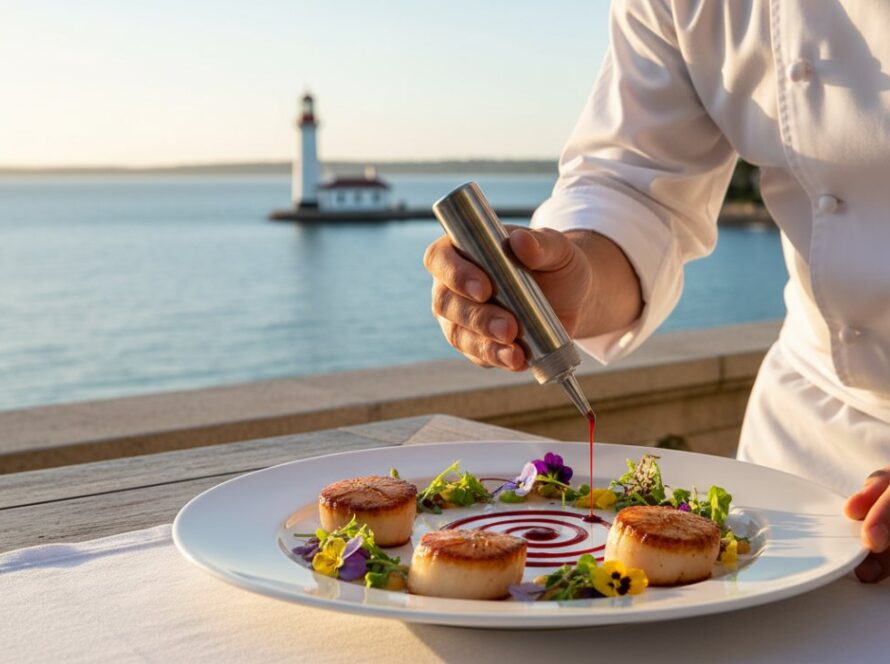 A dramatic, close-up shot of a gourmet seafood dish, perhaps pan-seared snapper with fresh herbs, artfully arranged on a rustic wooden table overlooking the sparkling turquoise waters of McCrae Beach at sunset, capturing the essence of 'Professional food photography McCrae Victoria showcasing Mornington Peninsula's flavours'.