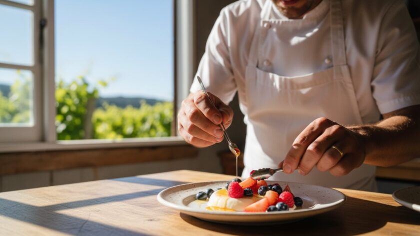 A professional food photography Wandin East artisan produce shot, showing a beautifully styled plate of fresh, locally sourced berries and a rustic tart on a wooden table, bathed in golden hour sunlight within a Wandin East orchard, evoking warmth and natural deliciousness.