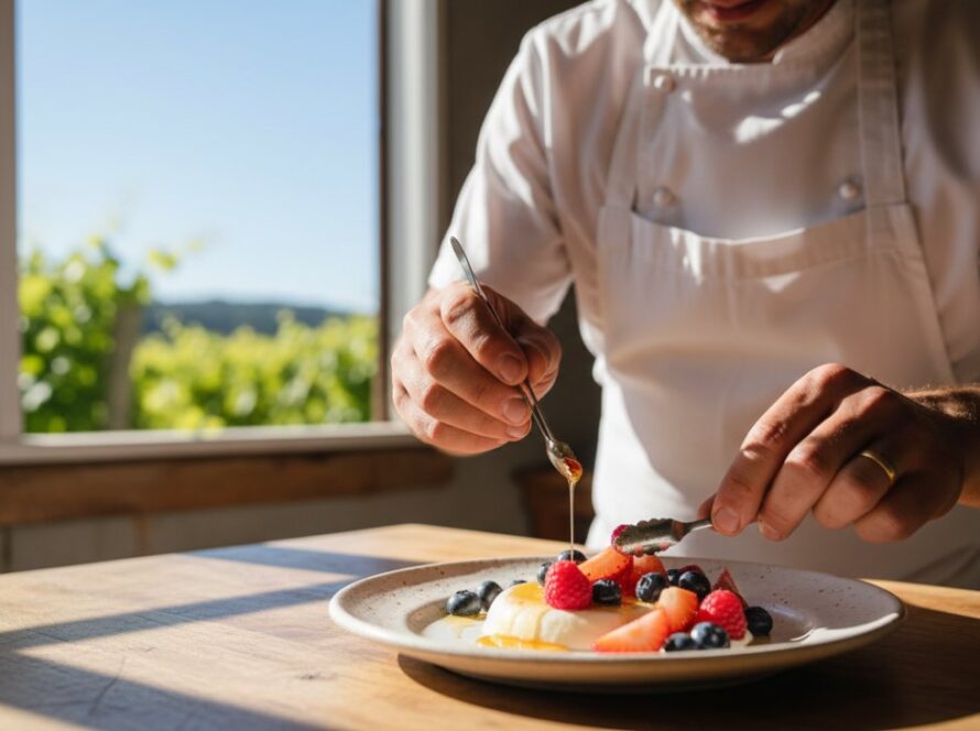 A professional food photography Wandin East artisan produce shot, showing a beautifully styled plate of fresh, locally sourced berries and a rustic tart on a wooden table, bathed in golden hour sunlight within a Wandin East orchard, evoking warmth and natural deliciousness.